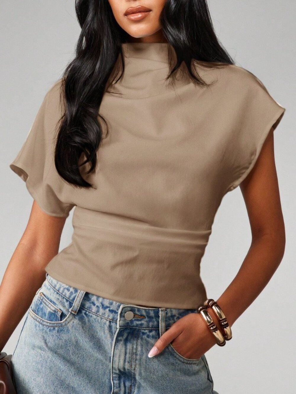 Khaki Casual Women's Mock Neck Short Sleeve Fitted Top with Banded Waist